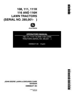 108, 111, 111H, 116 and 116H Lawn Tractors — actual manual cover