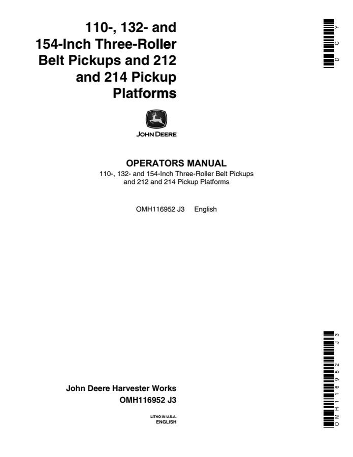 110-, 132- and 154-Inch Three-Roller Belt Pickups; 212 and 214 Pickup Platforms — actual manual cover