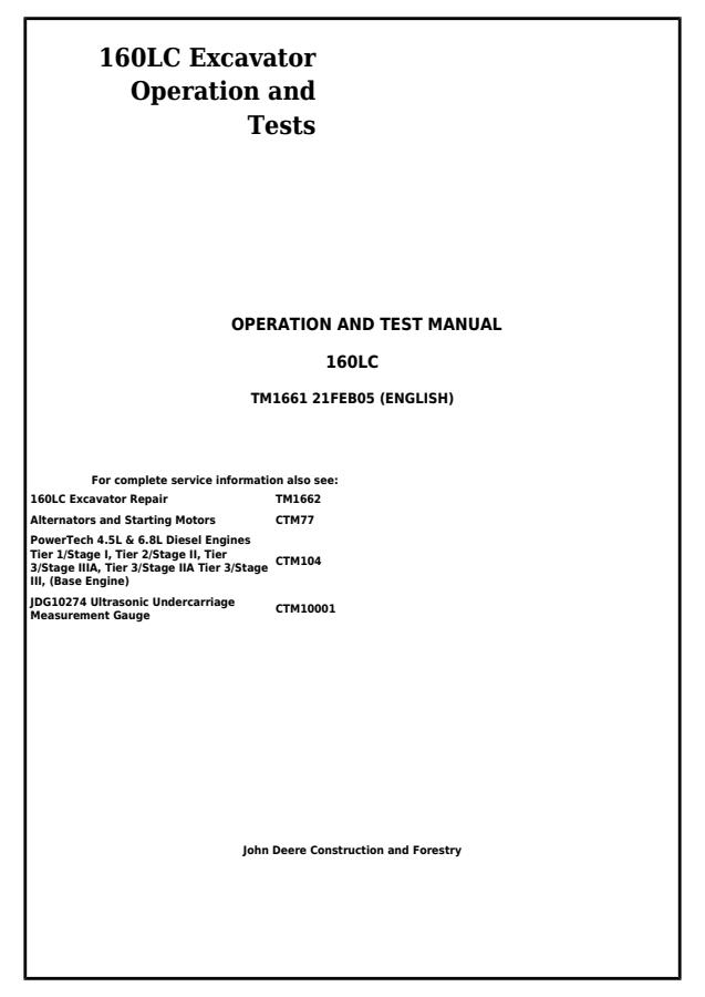 160LC Excavator Operation and Tests — actual manual cover