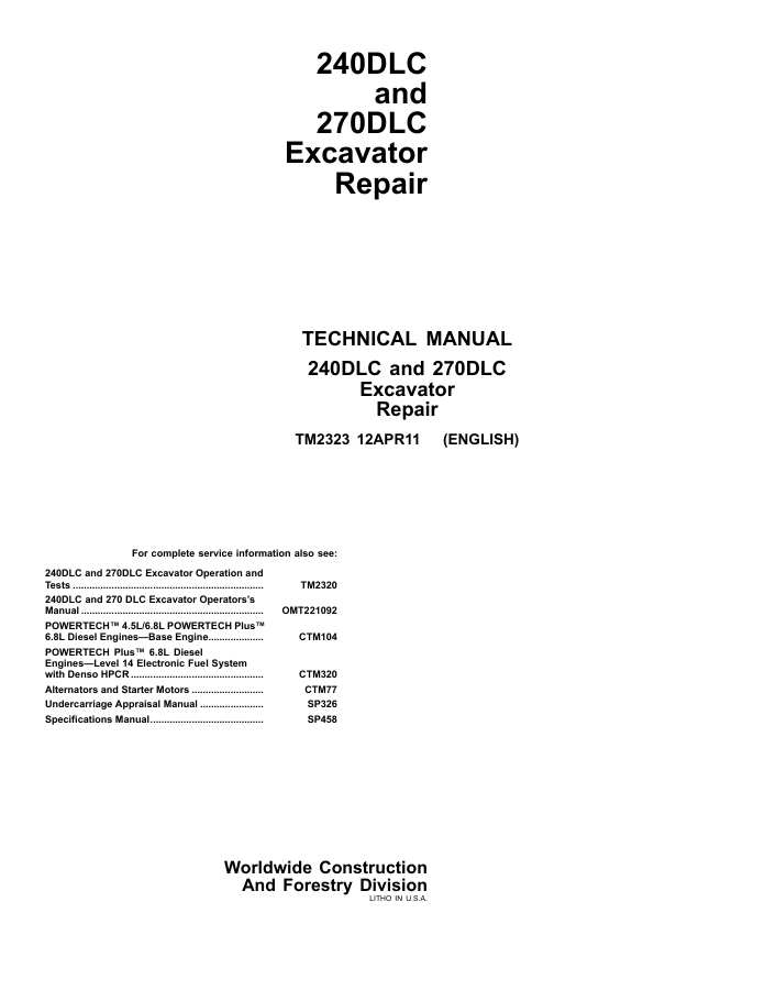 240DLC and 270DLC Excavator Repair Technical Manual — actual manual cover