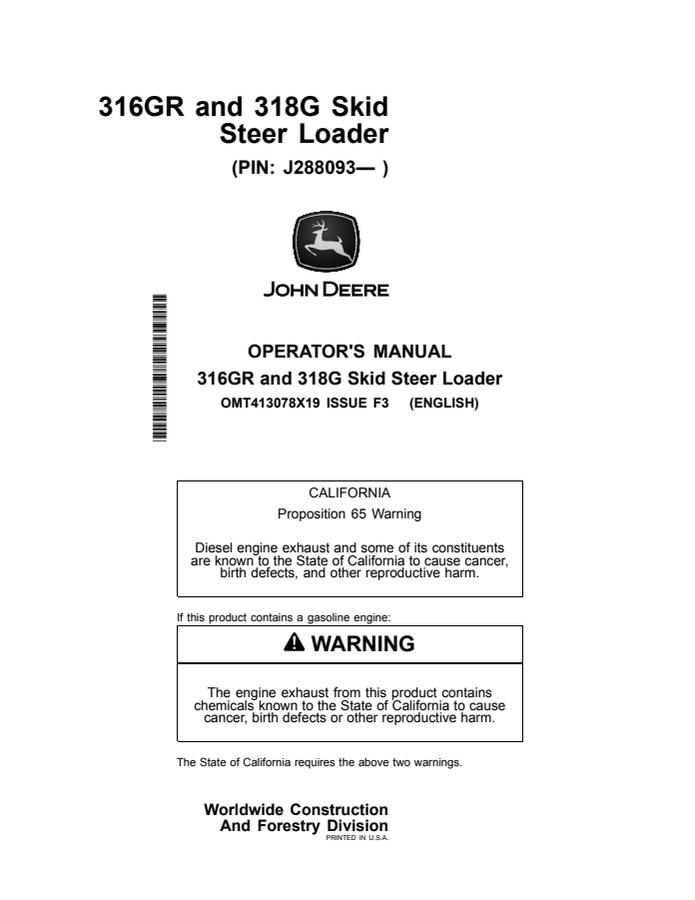 316GR and 318G Skid Steer Loaders — actual manual cover