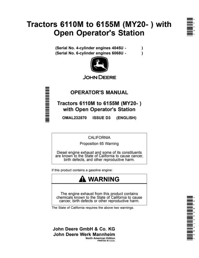 6110M to 6155M Tractors with Open Operator Station (MY20-) — actual manual cover