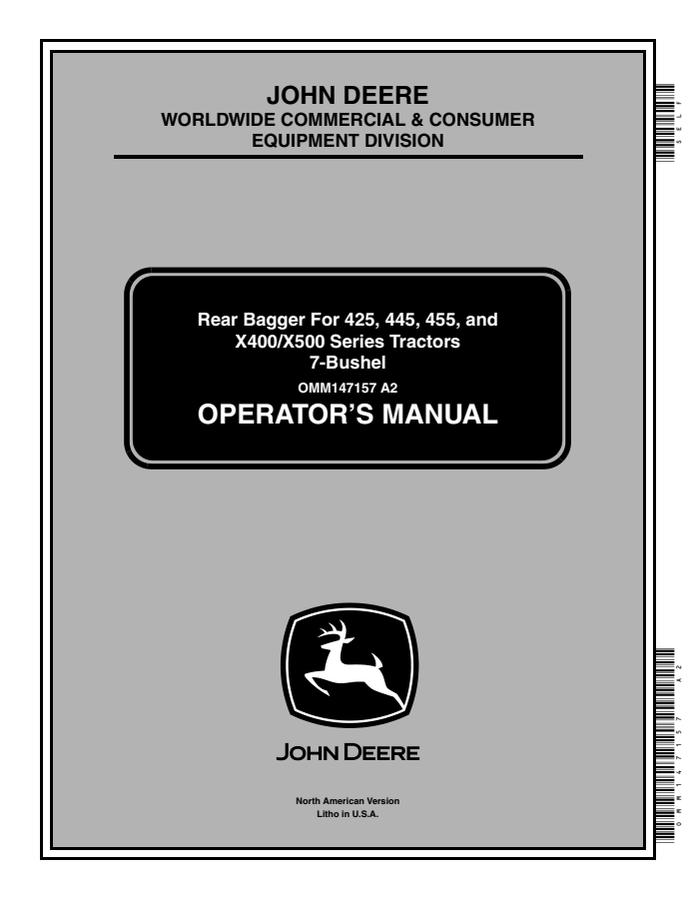 7-Bushel Rear Bagger for 425, 445, 455, and X400/X500 Series Tractors — actual manual cover
