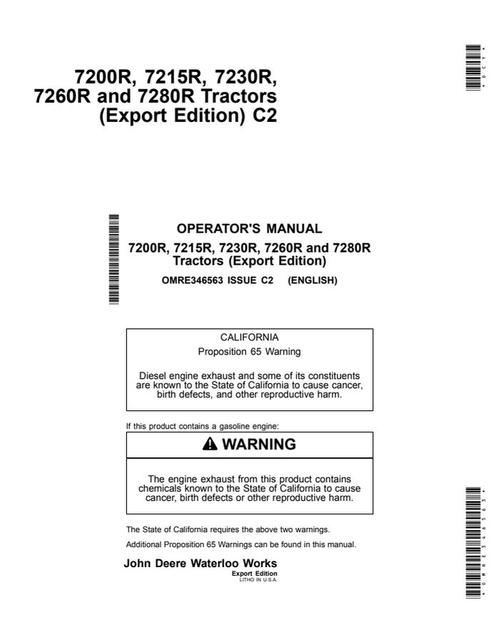 7200R, 7215R, 7230R, 7260R and 7280R Tractors (Export Edition) — actual manual cover