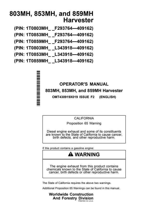 803MH, 853MH and 859MH Harvesters — actual manual cover