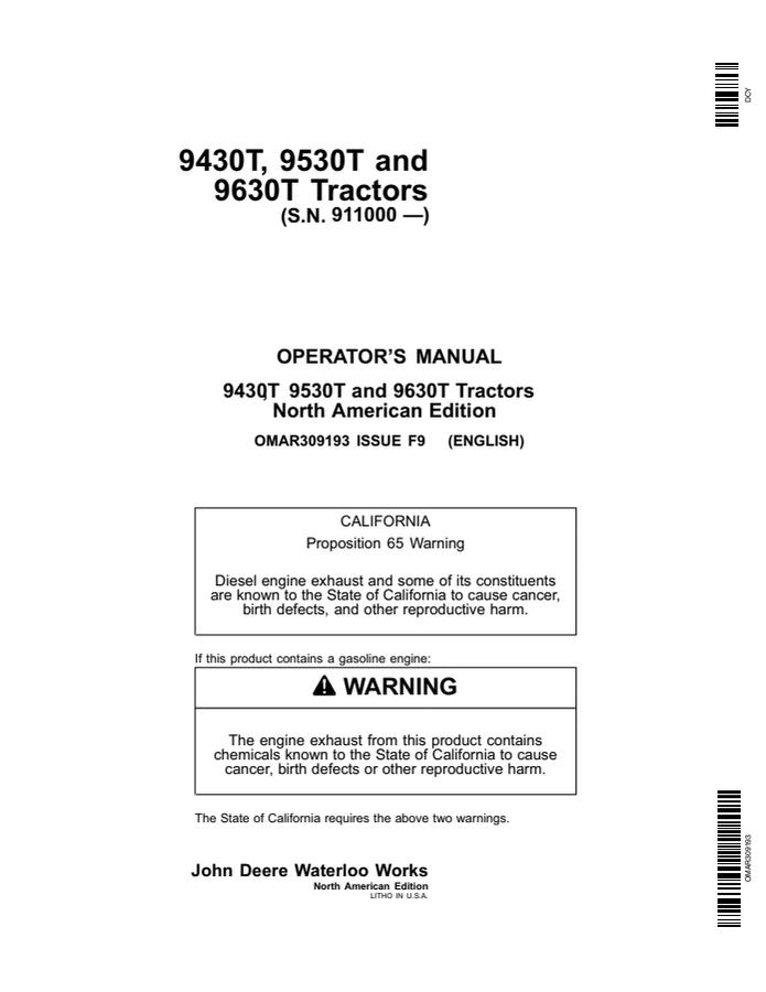 9430T, 9530T and 9630T Tractors — actual manual cover