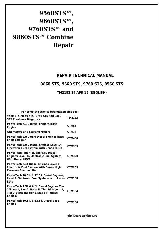 9560STS, 9660STS, 9760STS, and 9860STS Combine Repair — actual manual cover