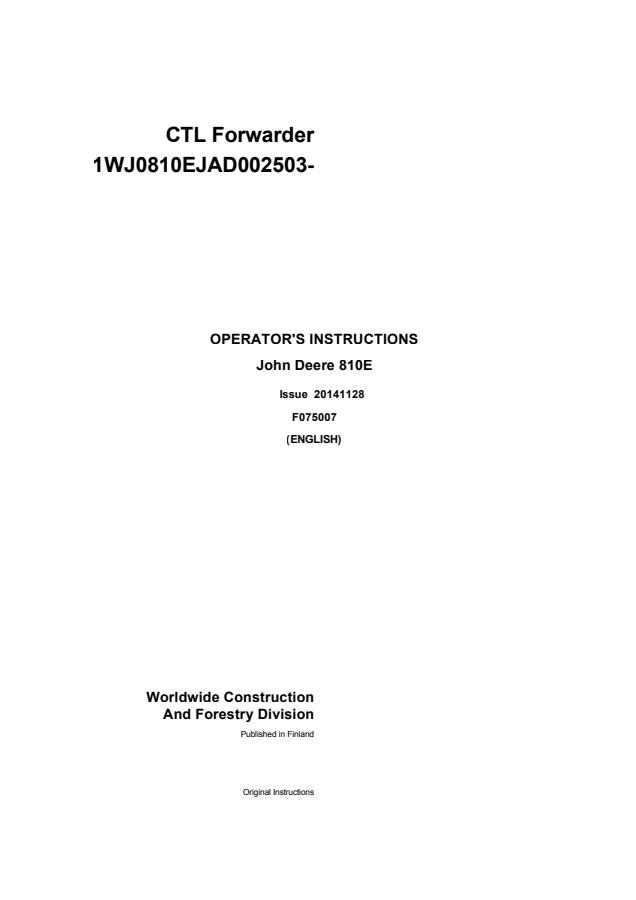 CTL Forwarder 810E Operator's Instructions — actual manual cover