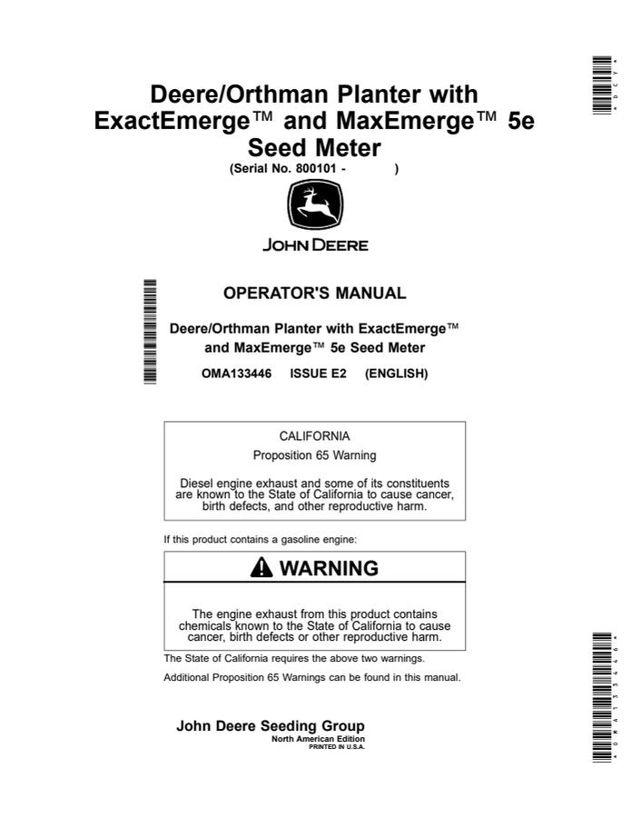 Deere/Orthman Planter with ExactEmerge and MaxEmerge 5e Seed Meter Operator Manual — actual manual cover