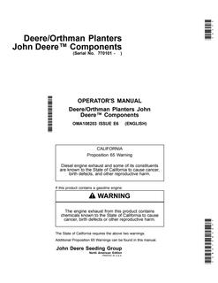 Deere/Orthman Planters with John Deere Components Operator Manual — actual manual cover