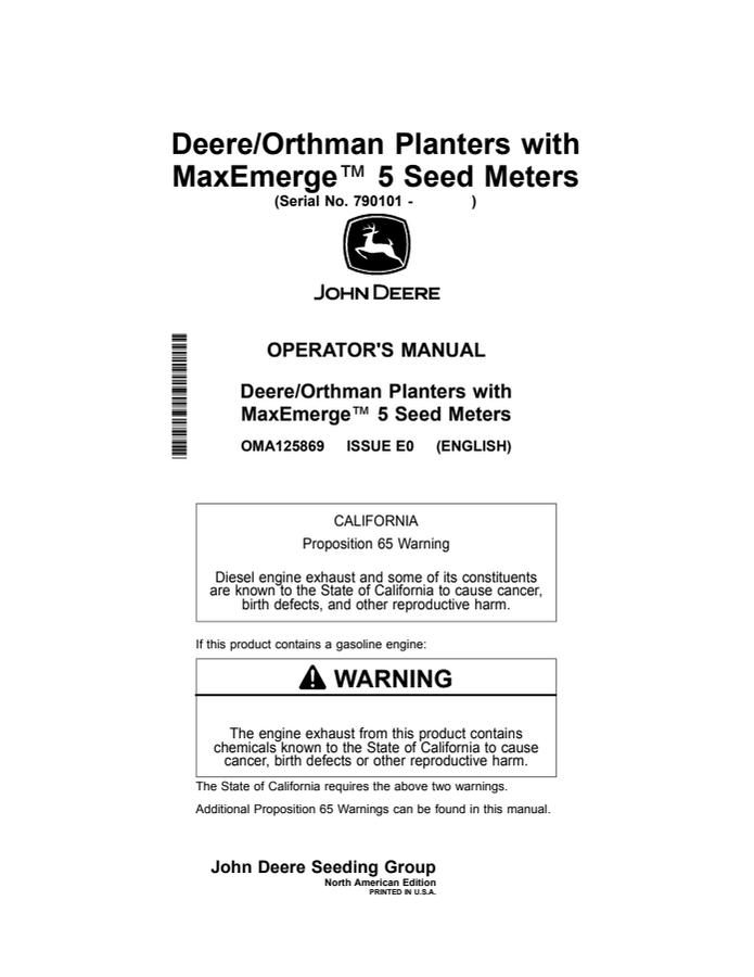 Deere/Orthman Planters with MaxEmerge 5 Seed Meters Operator Manual — actual manual cover