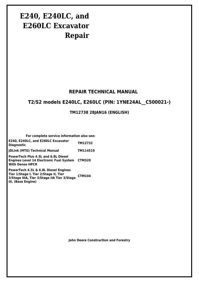 E240, E240LC, and E260LC Excavator Repair — actual manual cover