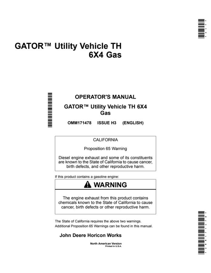 Gator Utility Vehicle TH 6X4 Gas — actual manual cover