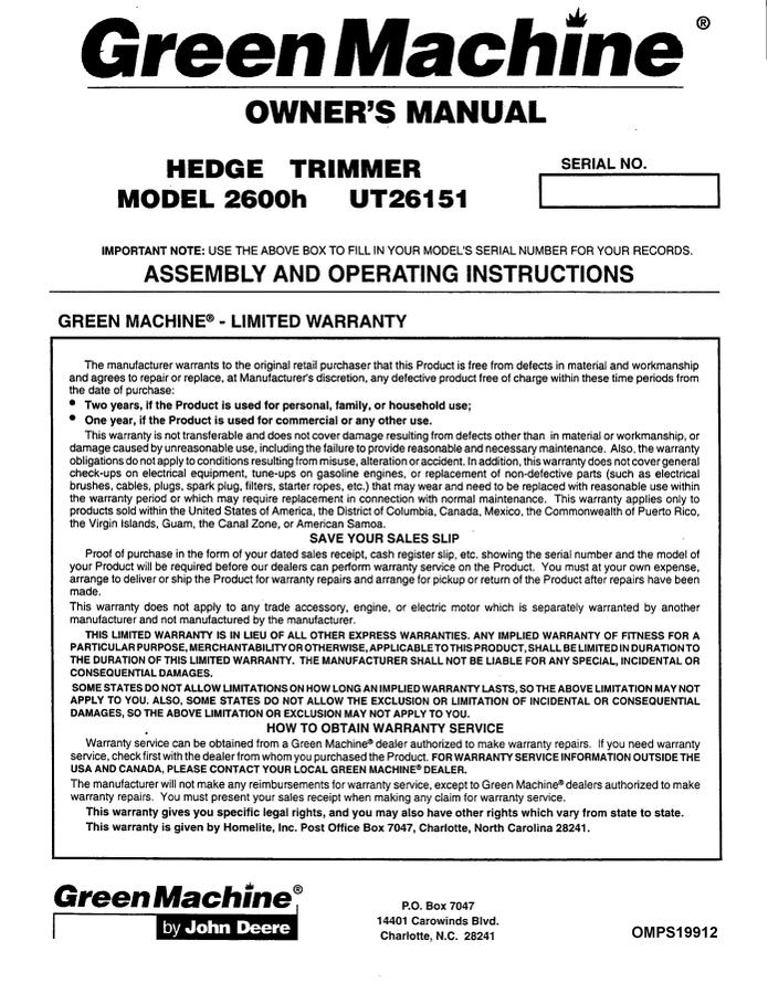 GreenMachine 2600H Hedge Trimmer — actual manual cover