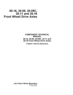 John Deere 00.16, 20.09, 20.09C, 20.11 and 20.16 Front-Wheel Drive Axles Component Technical Manual — actual manual cover