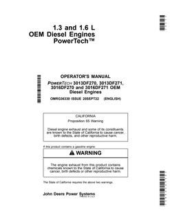 John Deere 1.3 L, 1.6 L PowerTech 3013DF270, 3013DF271, 3016DF270, 3016DF271 OEM Diesel Engine Operator's Manual OMRG36330 — actual manual cover