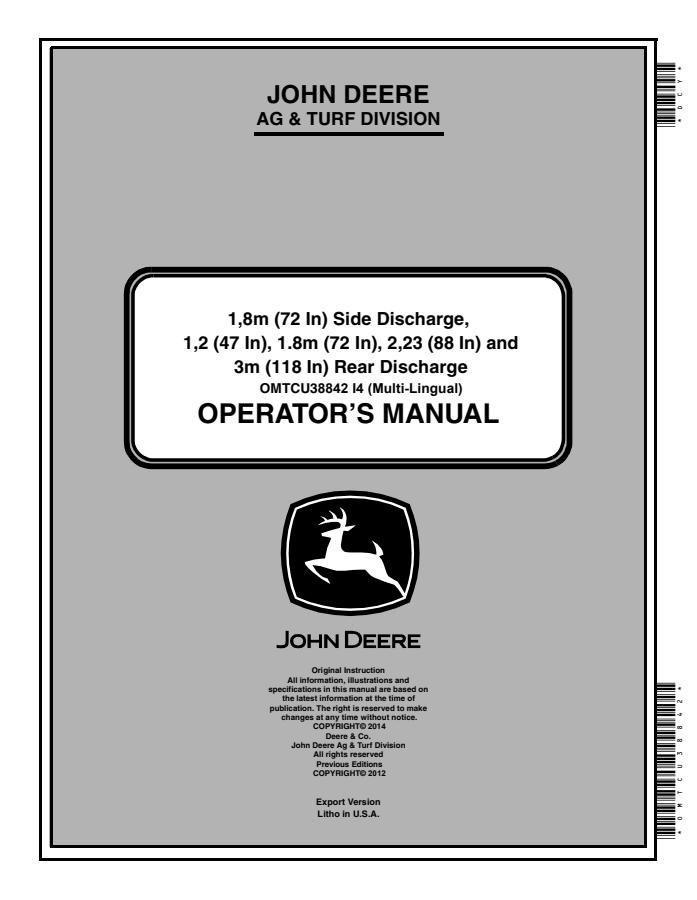 John Deere 1.8 m (72 in) side discharge; 1.2, 1.8, 2.23, 3 m rear discharge Mower deck Operator manual OMTCU38842 — actual manual cover
