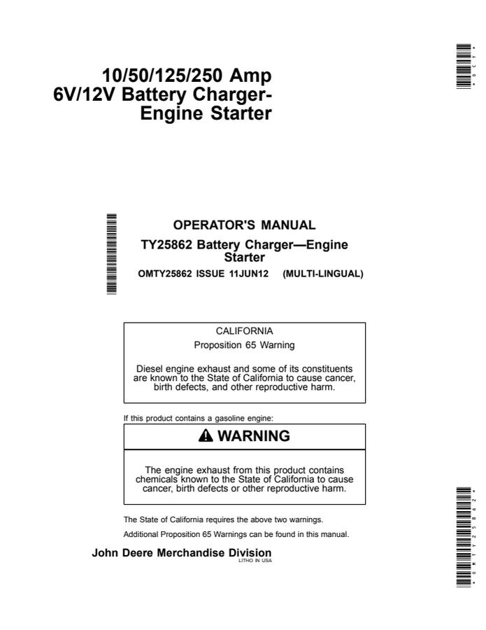 John Deere 10, 50, 125, 250 amp 6V/12V Battery charger and engine starter Operator manual OMTY25862 — actual manual cover