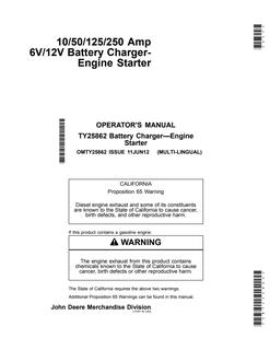 John Deere 10, 50, 125, 250 amp 6V/12V Battery charger and engine starter Operator manual OMTY25862 — actual manual cover