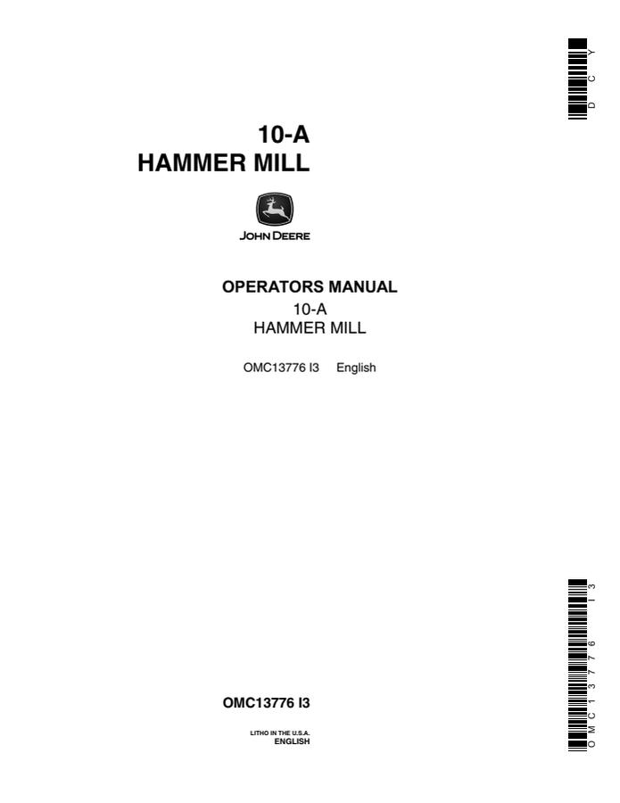 John Deere 10-A Hammer mill Operator manual OMC13776 — actual manual cover