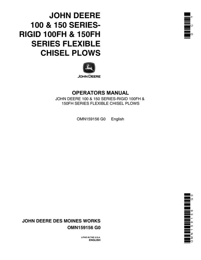 John Deere 100 and 150 Series Rigid; 100FH and 150FH Series Flexible Chisel plow Operator manual OMN159156 — actual manual cover