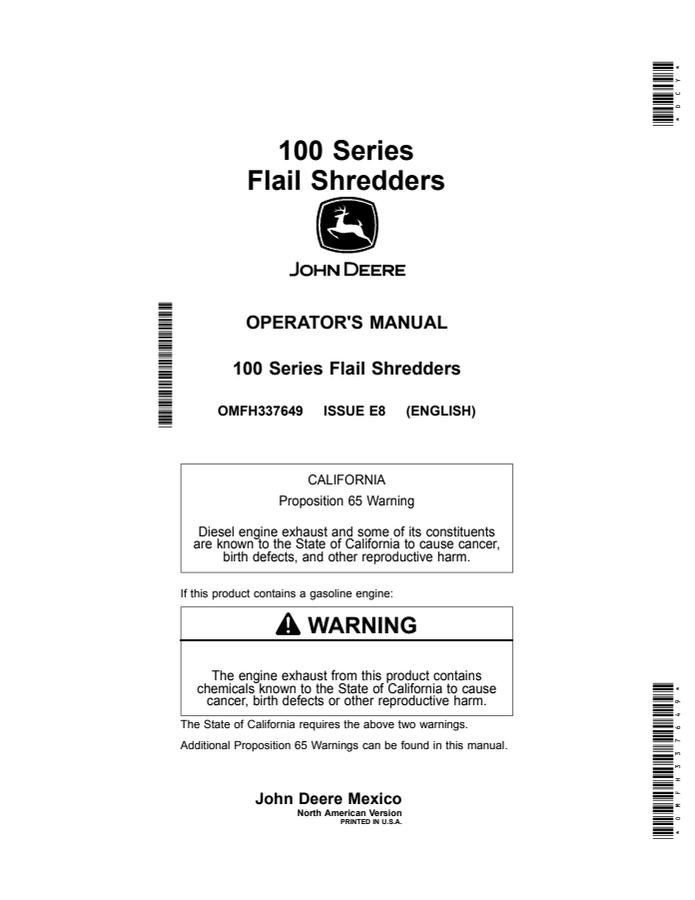 John Deere 100 Series Flail shredder Operator manual OMFH337649 — actual manual cover