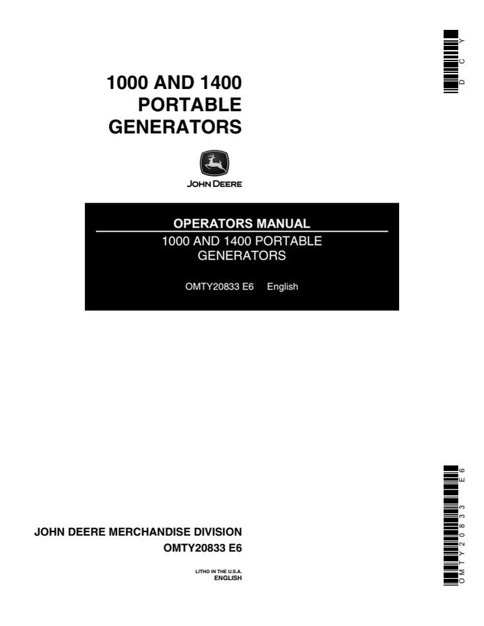 John Deere 1000, 1400 Portable generator Operator manual OMTY20833 — actual manual cover
