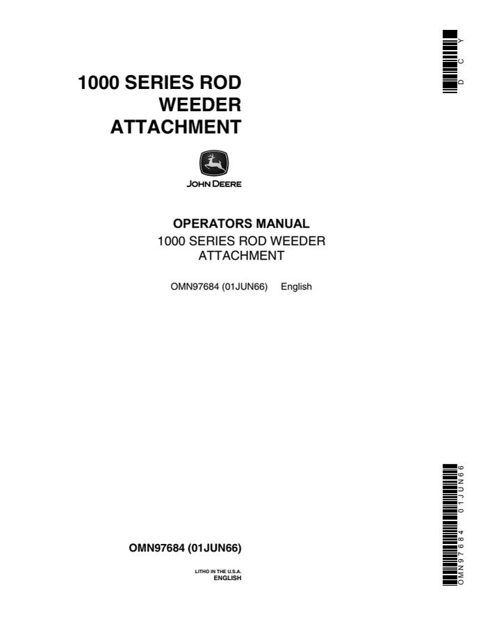 John Deere 1000 Series Rod Weeder Attachment Operator's Manual — actual manual cover
