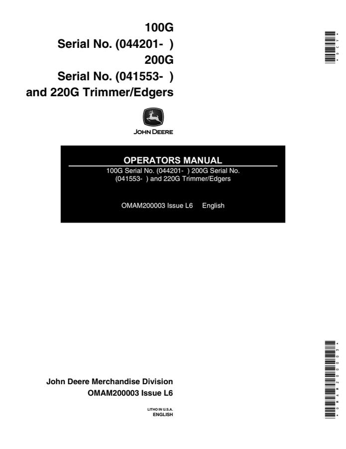 John Deere 100G, 200G, 220G Trimmer/edger Operators manual OMAM200003 — actual manual cover