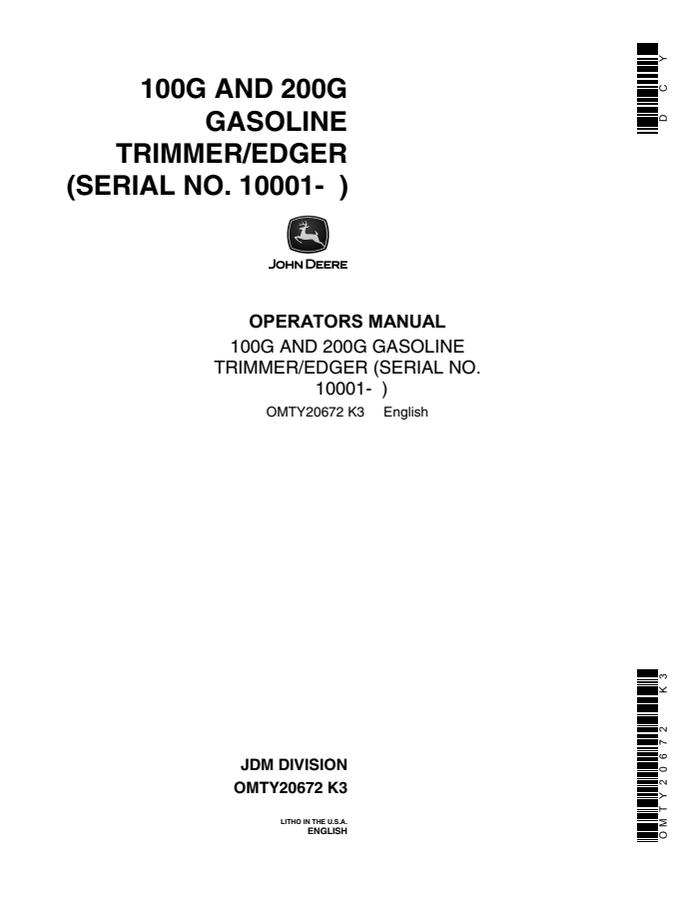 John Deere 100G, 200G Gasoline Trimmer/edger Operator manual OMTY20672 — actual manual cover