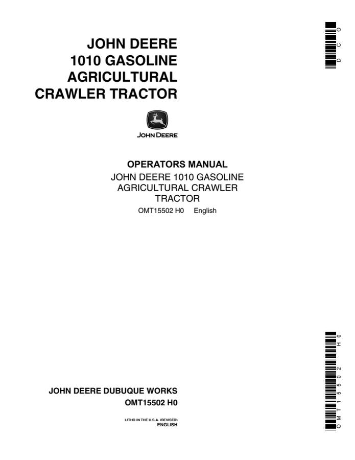 John Deere 1010 Gasoline Agricultural Crawler tractor Operator manual OMT15502 — actual manual cover