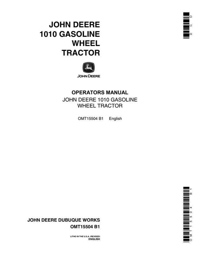 John Deere 1010 Gasoline Wheel tractor Operator manual OMT15504 — actual manual cover