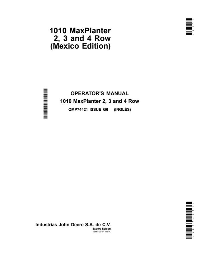 John Deere 1010 MaxPlanter 2, 3 and 4 Row Planter Operator manual OMP74421 — actual manual cover