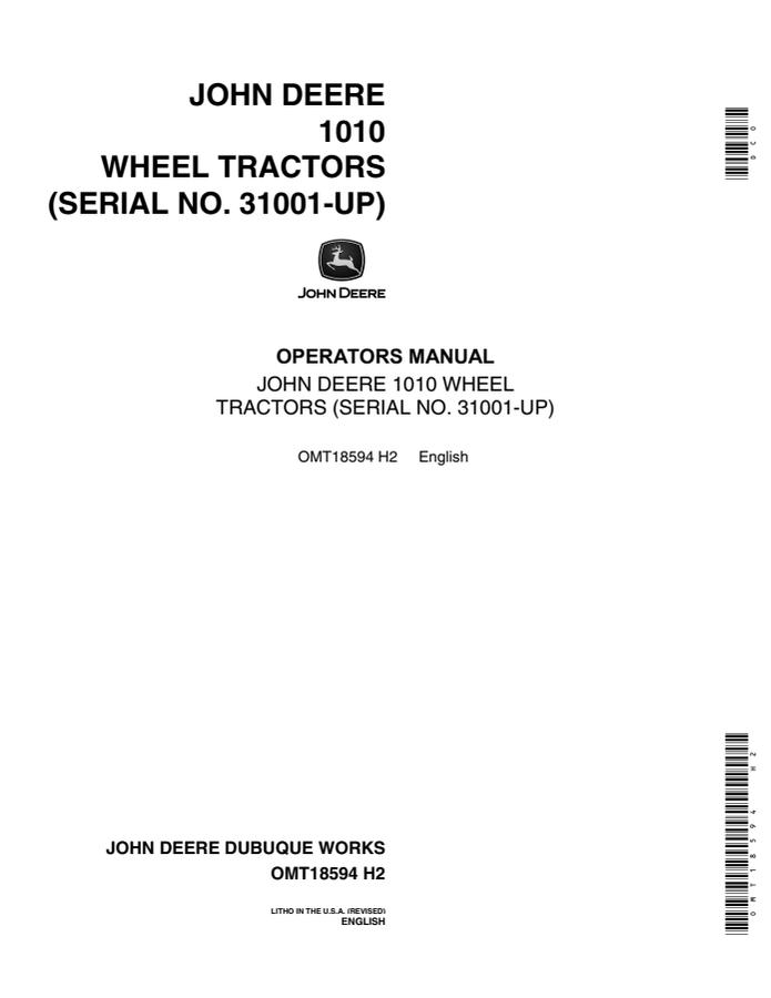 John Deere 1010 Wheel tractor Operator manual OMT18594 — actual manual cover