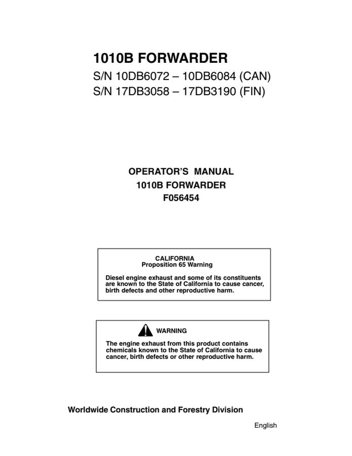 John Deere 1010B Forwarder Operator Manual F056454 — actual manual cover