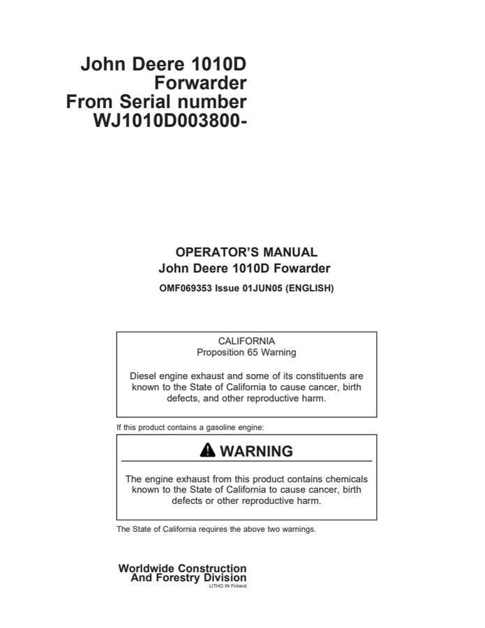 John Deere 1010D Forwarder Operator Manual OMF069353 — actual manual cover