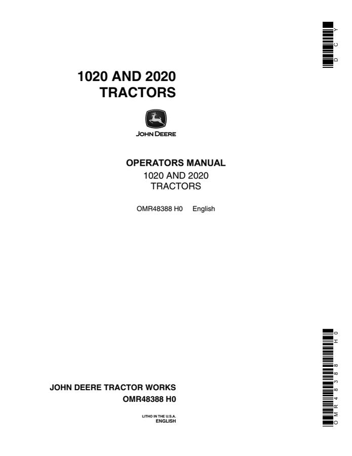 John Deere 1020, 2020 Tractor Operator manual OMR48388 — actual manual cover