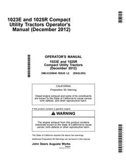 John Deere 1023E, 1025R Compact utility tractor Operator manual OMLVU25848 — actual manual cover
