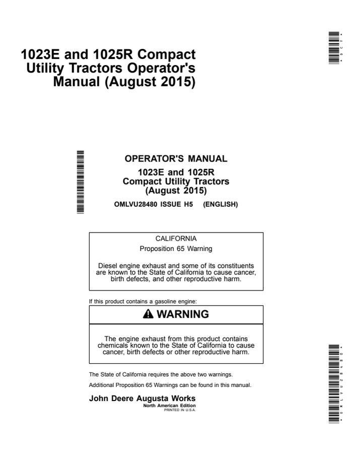 John Deere 1023E, 1025R Compact utility tractor Operator manual OMLVU28480 — actual manual cover