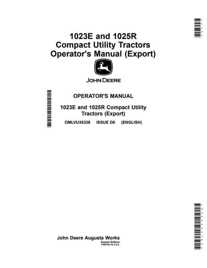 John Deere 1023E, 1025R Compact utility tractor Operator manual OMLVU35336 — actual manual cover