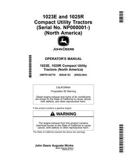 John Deere 1023E and 1025R Compact Utility Tractors Operator's Manual — actual manual cover