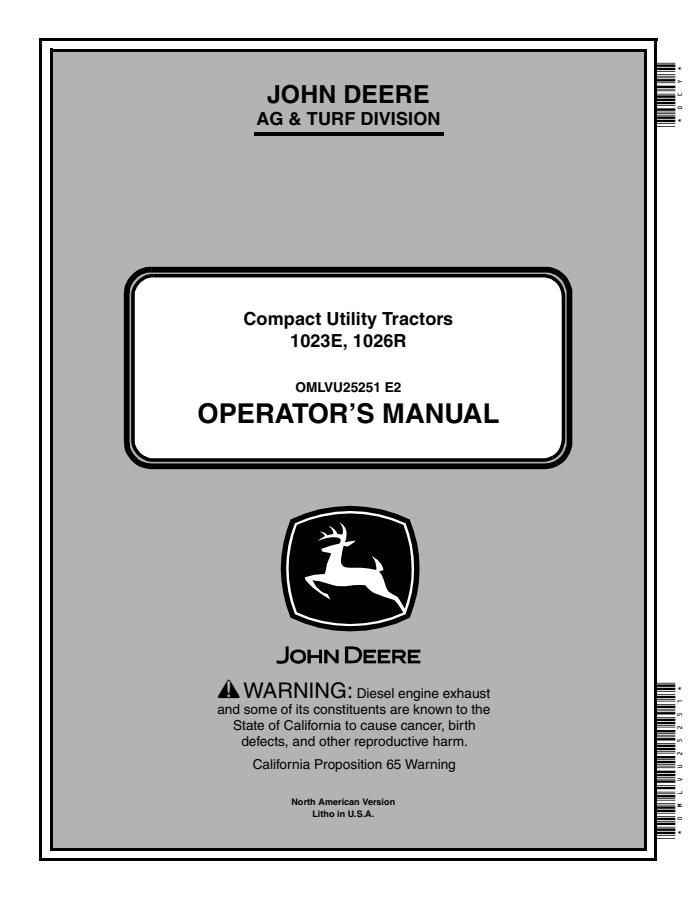 John Deere 1023E and 1026R Compact Utility Tractors Operator manual — actual manual cover