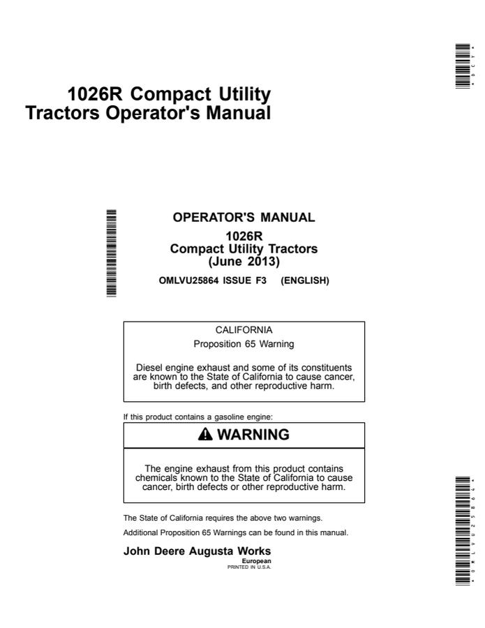John Deere 1026R Compact utility tractor Operator manual OMLVU25864 — actual manual cover
