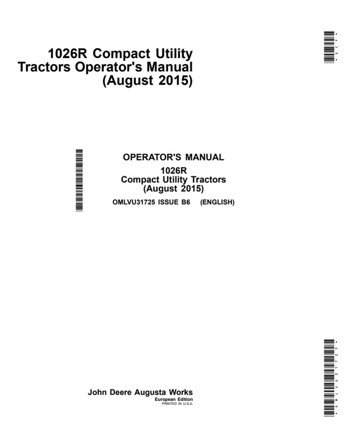 John Deere 1026R Compact utility tractor Operator manual OMLVU31725 — actual manual cover
