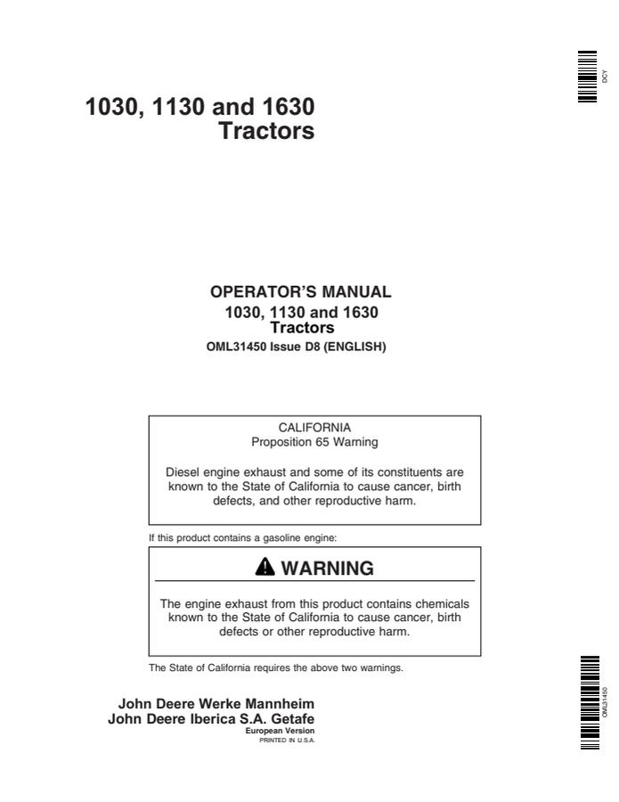 John Deere 1030, 1130, 1630 Tractor Operator manual OML31450 — actual manual cover