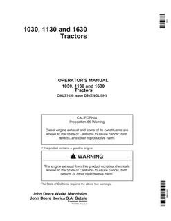John Deere 1030, 1130, 1630 Tractor Operator manual OML31450 — actual manual cover