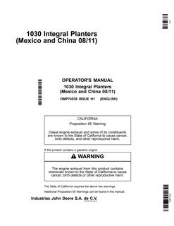 John Deere 1030 Planter Operator Manual OMP74039 — actual manual cover