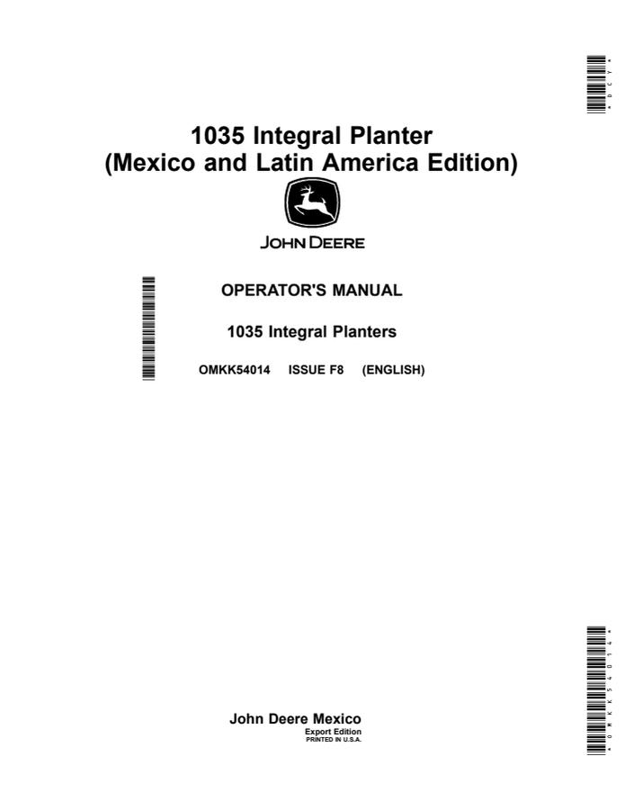 John Deere 1035 Integral Planter Operator manual OMKK54014 — actual manual cover
