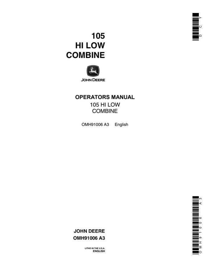 John Deere 105 Hi Low Combine Operator manual OMH91006 — actual manual cover
