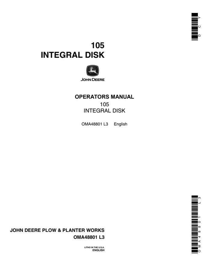 John Deere 105 Integral disk Operators manual OMA48801 — actual manual cover